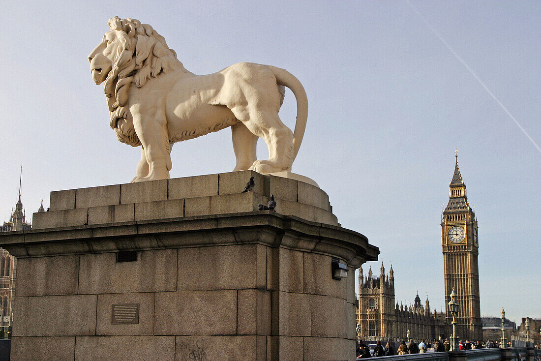 Westminster Bridge lion and Big Ben. London. England