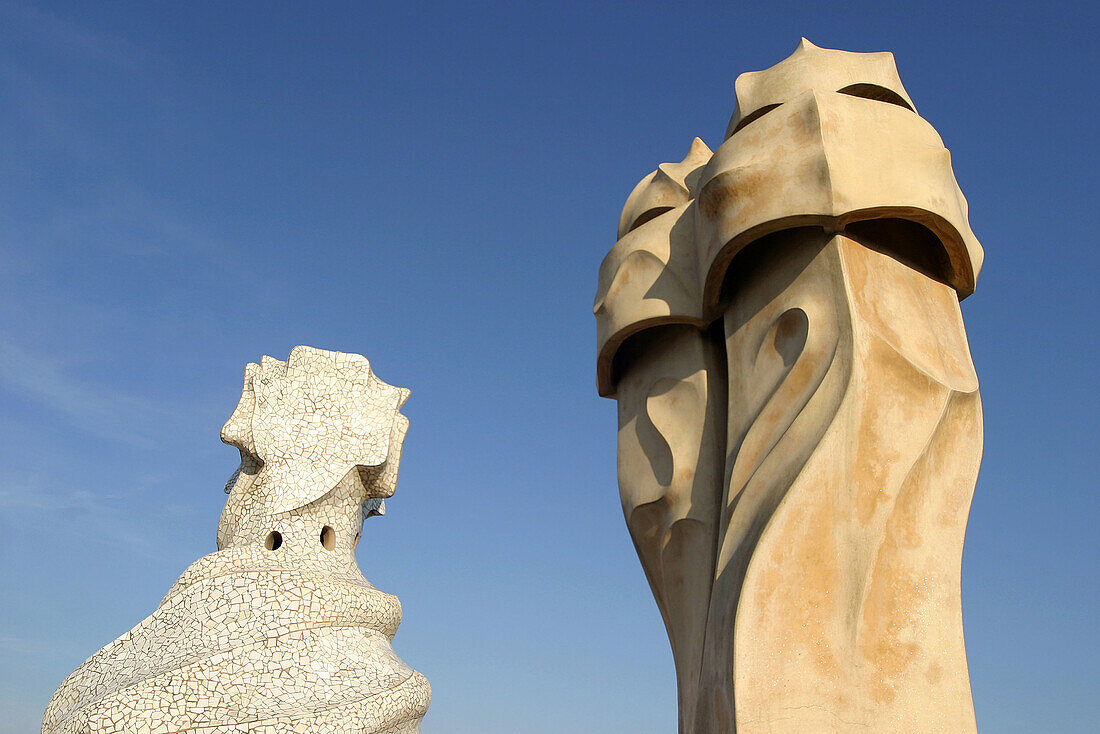 Roof chimneys of Milà House (aka La Pedrera, 1906-1912) by Gaudí, Passeig de Gràcia. Barcelona. Spain