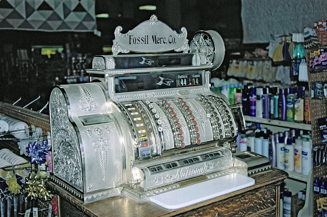 Old cash register. Fossil General Mercantile. Fossil. Oregon. USA.
