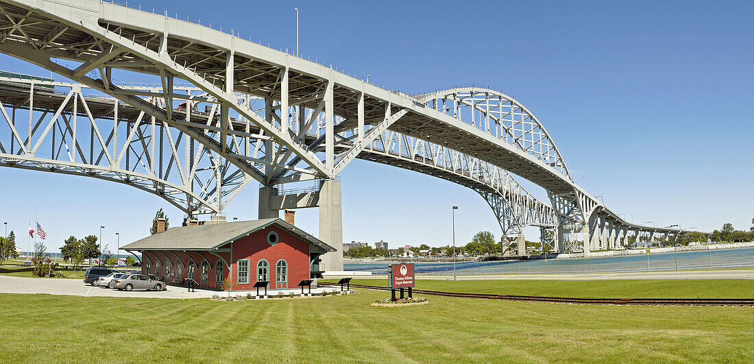 Panorama of The Blue Water International bridge connects Canada and the United States at Port Huron Michigan and Sarnia Ontario Canada