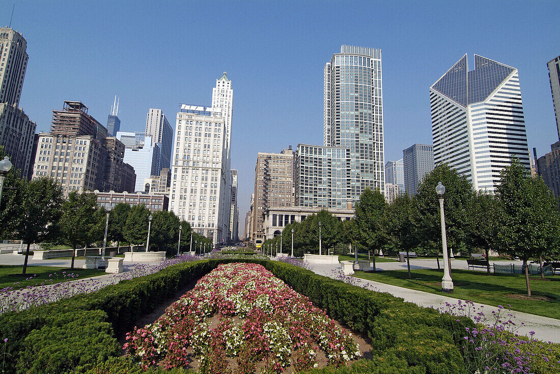 View of downtown Chicago from the heart of the city in Millennium Park. Illinois. USA.