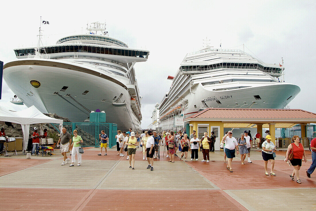 The cruise ship Carnival Fantasy visits the island of St. Maarten (St Martin) in the carribbean West Indies