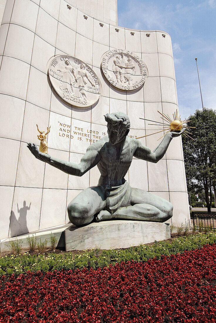 The Spirit of Detroit symbolizes all that Detroit represents located in Downtown, Detroit (Michigan) as viewed from the Hart Plaza symbolizing Michigan s Labor Legacy Landmark