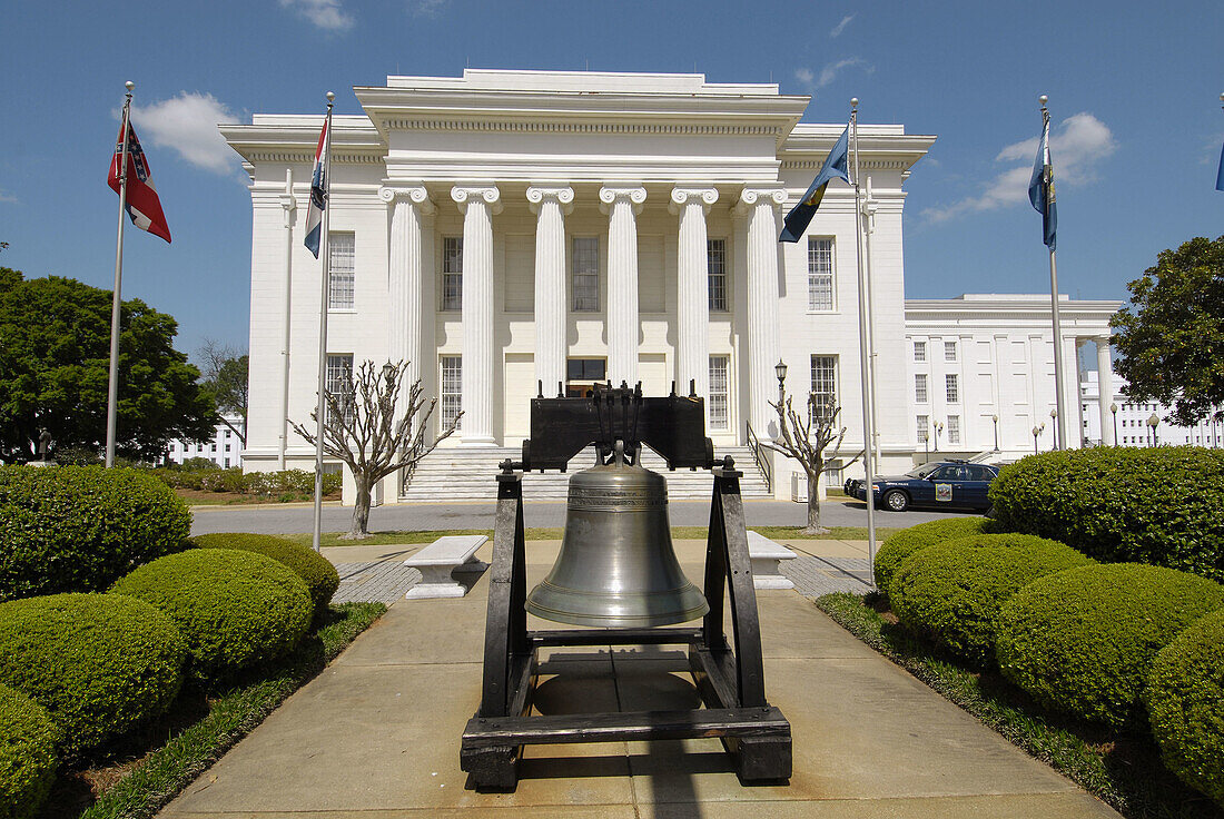 Replica of the Liberty Bell in front of the Historic State Capitol building, Montgomery. Alabama, USA