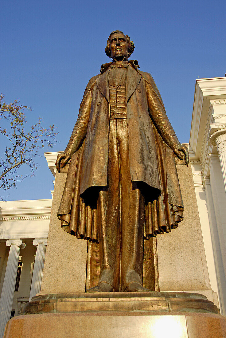 Statue monument of Jefferson Davis the President of the Confederate state of America in the historic city of Montgomery. Alabama, USA