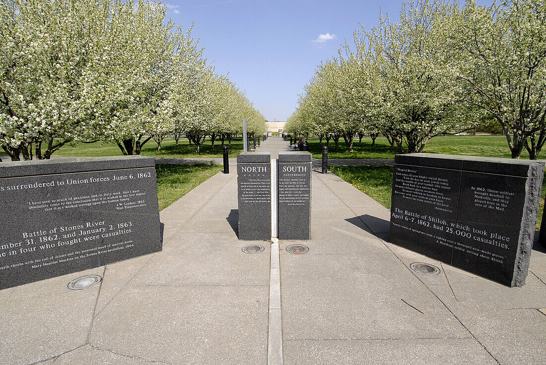 North and South Granite Markers Represent the Sides in the Civil War in Tennessee Bicentennial Capitol Mall State Park. Nashville. Tennessee. USA.