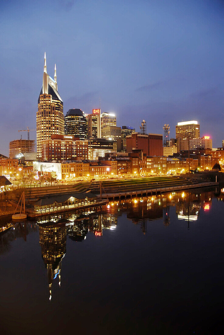 Night Skyline Cityscape of Nashville on the Cumberland River with Bell South Tower. Tennessee. USA.
