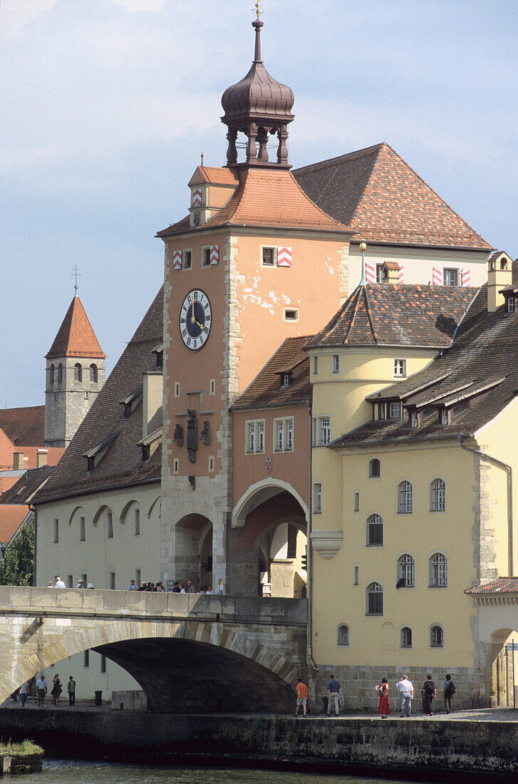 Bridge tower gate and old city of Regensburg, Regensburg, Upper Palatinate, Bavaria, Germany