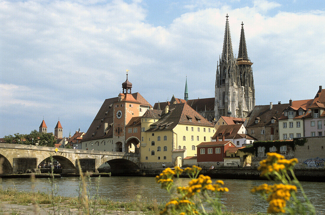 Cathedral and Stone Bridge, Regensburg, Bavaria, Germany