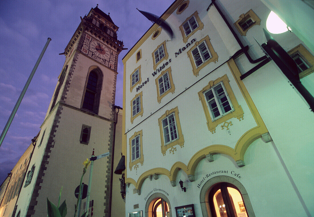 Hotel Wilder Mann and Town Hall, Passau, Lower Bavaria, Bavaria, Germany