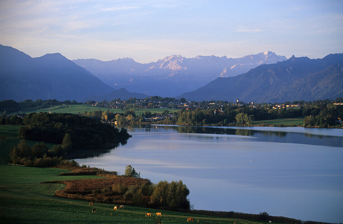 View over Riegsee lake to Murnau, Wetterstein range with mountain Zugspitze in background, Bavaria, Germany, Bavaria, Germany