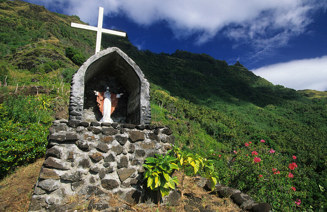 Statue of Christ on the island of Tahuata, French Polynesia