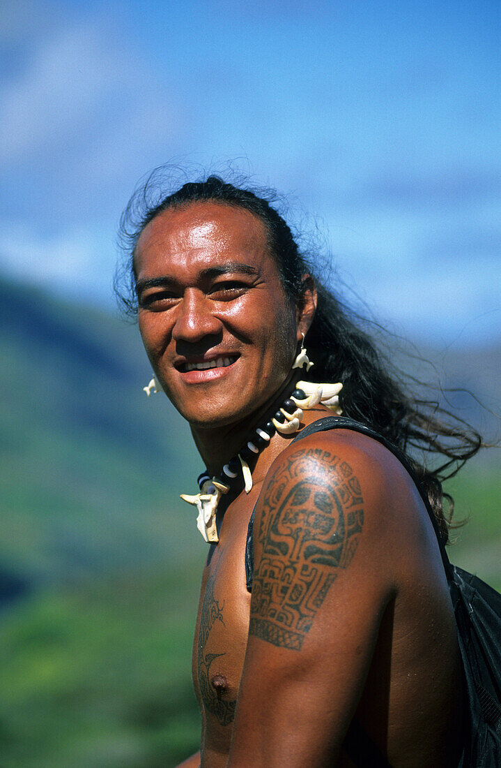A Polynesiean at Taipi Valley on the island of Nuku Hiva, French Polynesia