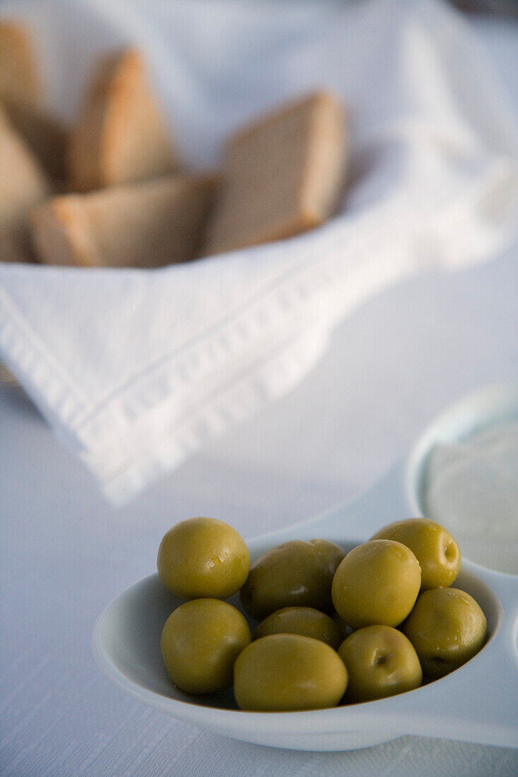 Olives and Bread at Playa Restaurant, Colonia de Sant Pere, Mallorca, Balearic Islands, Spain