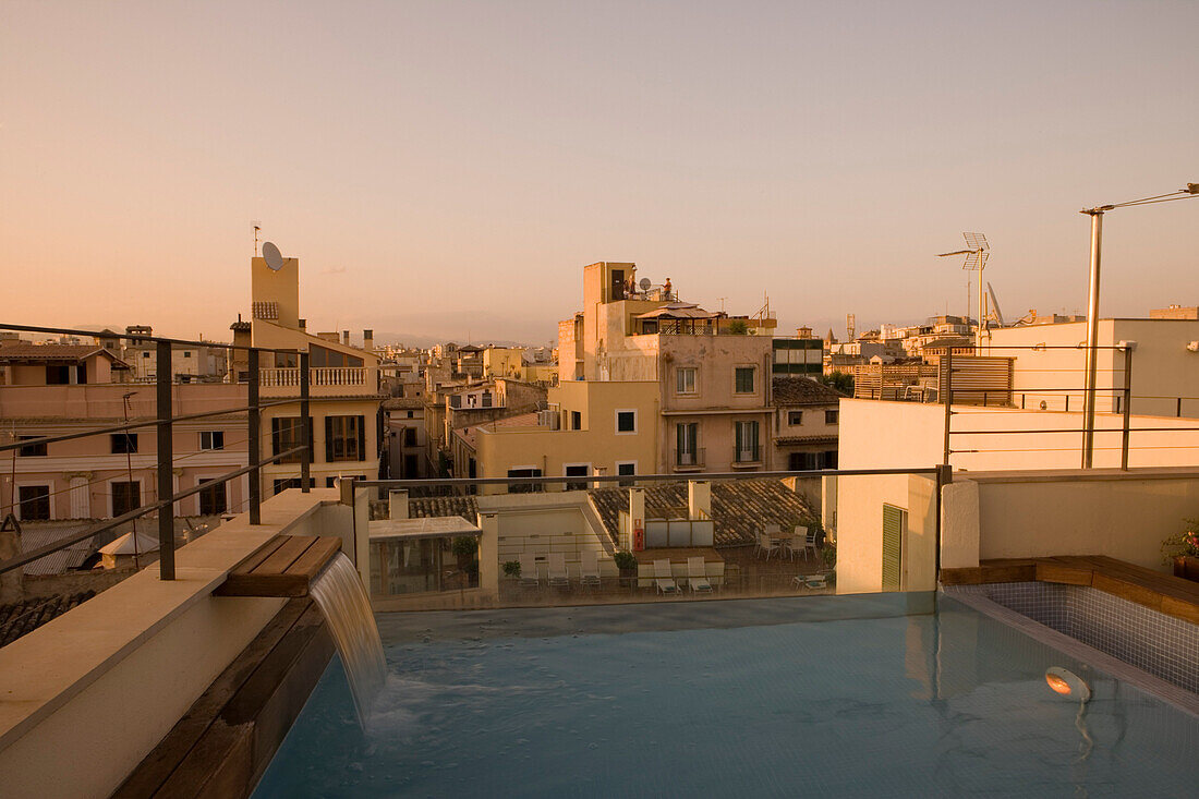 Hotel Tres Rooftop Plunge Pool at Dusk, Palma de Mallorca, Mallorca, Balearic Islands, Spain