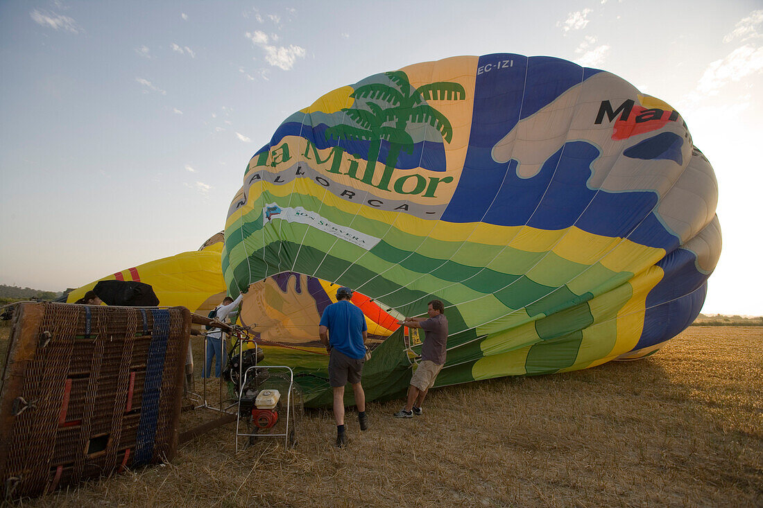 Inflating Mallorca Balloons Hot Air Balloon, Near Manacor, Mallorca, Balearic Islands, Spain