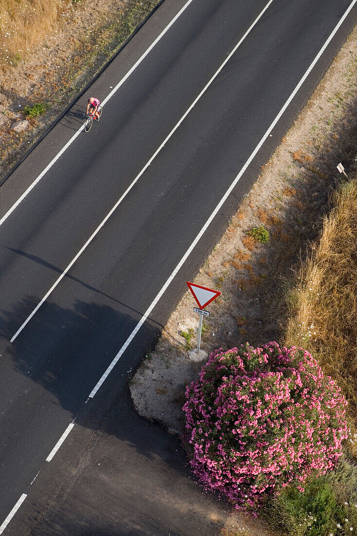 Luftaufnahme von Radfahrer auf Straße, nahe Sant Llorenc, Mallorca, Balearen, Spanien, Europa