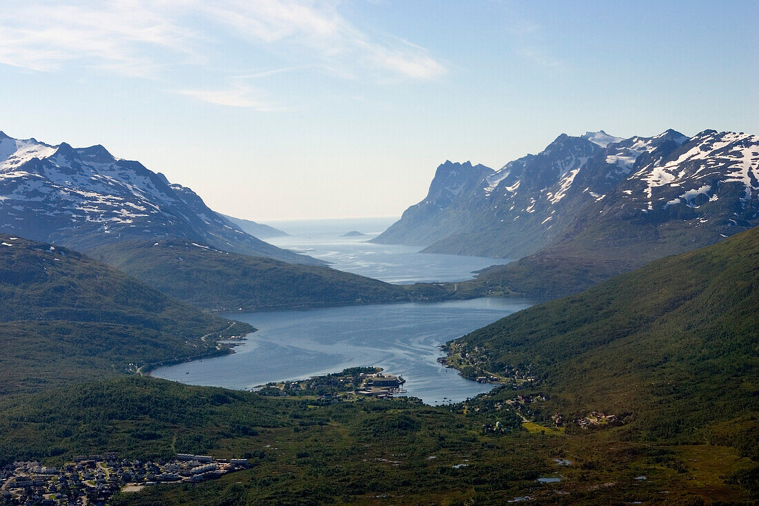 fjord near Tromso, Tromsoe, aerial shot, Norway