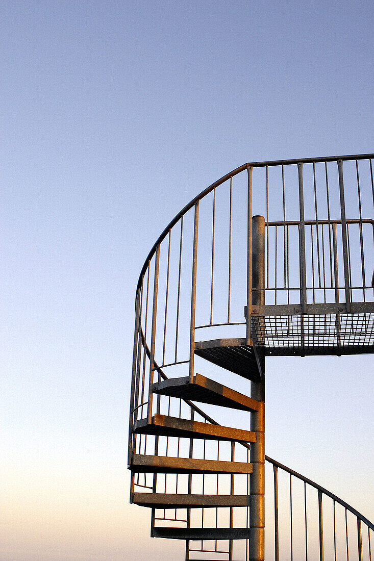 Color, Colour, Concept, Concepts, Daytime, Deserted, Direction, Dream, Dreams, Dreamy, Empty, Evening, Exterior, Geometry, Industrial, Industry, Metal, Metallic, Nobody, Object, Objects, Outdoor, Outdoors, Outside, Skies, Sky, Spiral staircase, Stairs, St