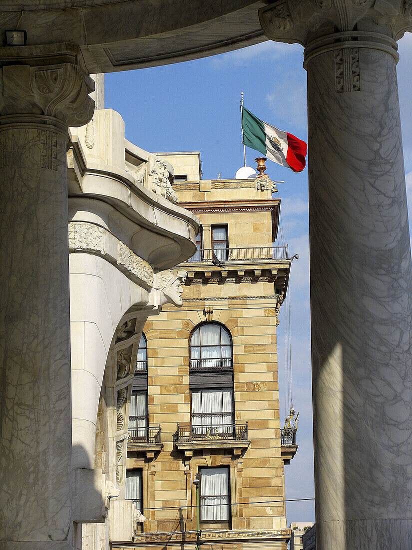 Architecture, Blue, Blue sky, Building, Buildings, Cities, City, Cityscape, Cityscapes, Color, Colour, Daytime, Detail, Details, Exterior, Facade, Façade, Facades, Façades, Flag, Flags, Latin America, Mexico, Mexico City, Mexico D F, Mexico DF, North Amer