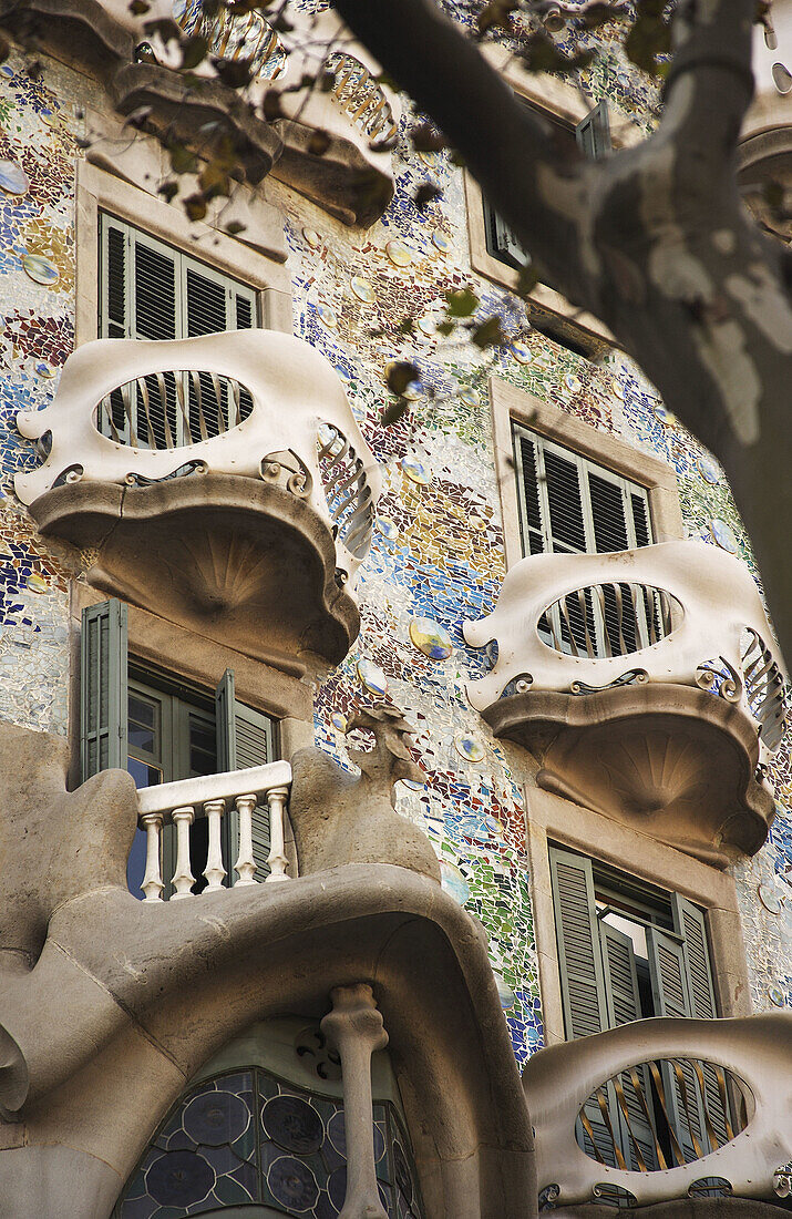 Detail of Casa Batlló -work of Antoni Gaudi- in Paseo de Gracia avenue, Barcelona, Spain