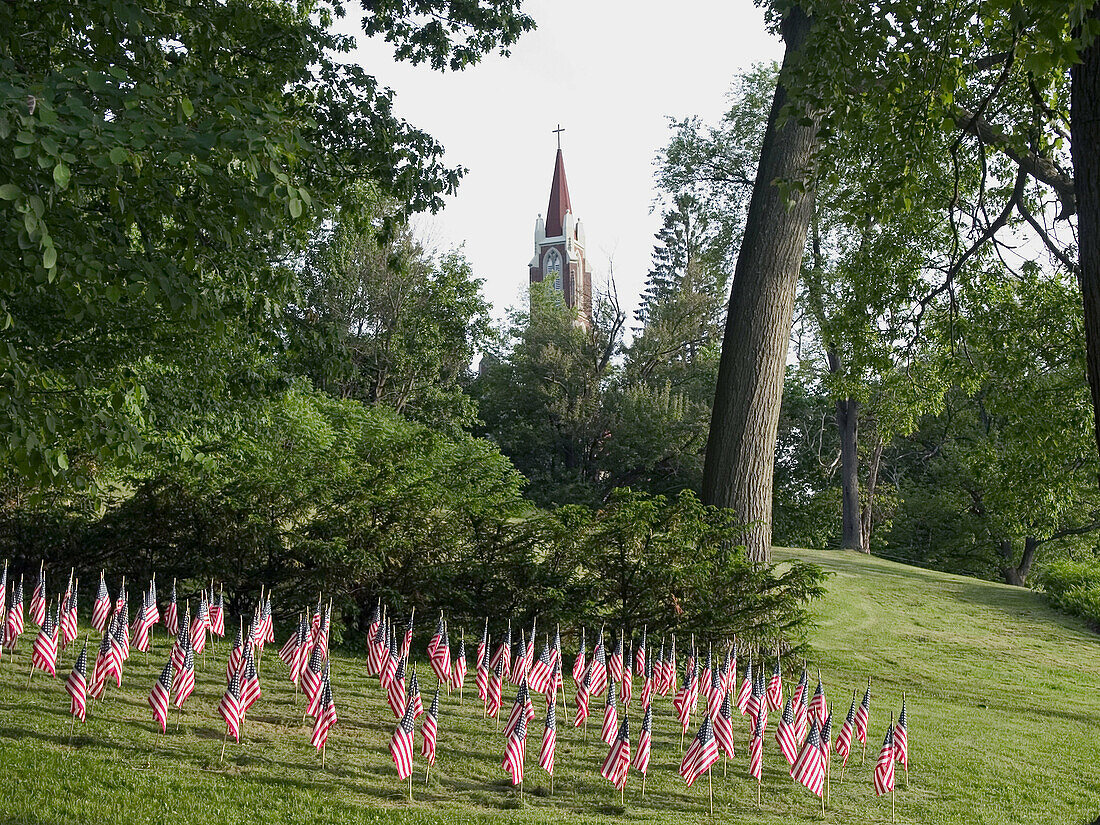 American flags, each one representing an American soldier killed in Iraq, in Turners Falls, Massachusetts.