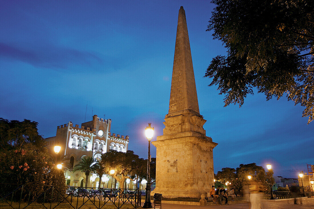 Obelisk and Town hall. Es born square (night view). Ciutadella. Menorca. Spain