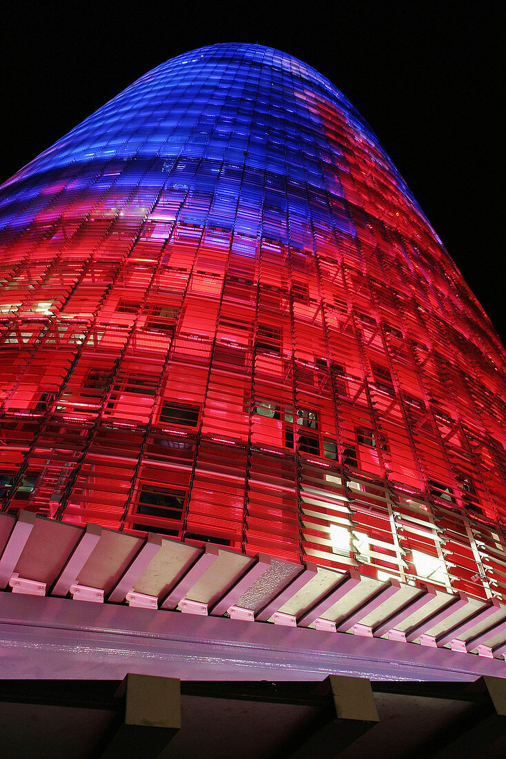 Agbar Tower by Jean Nouvel at night, Barcelona. Catalonia, Spain