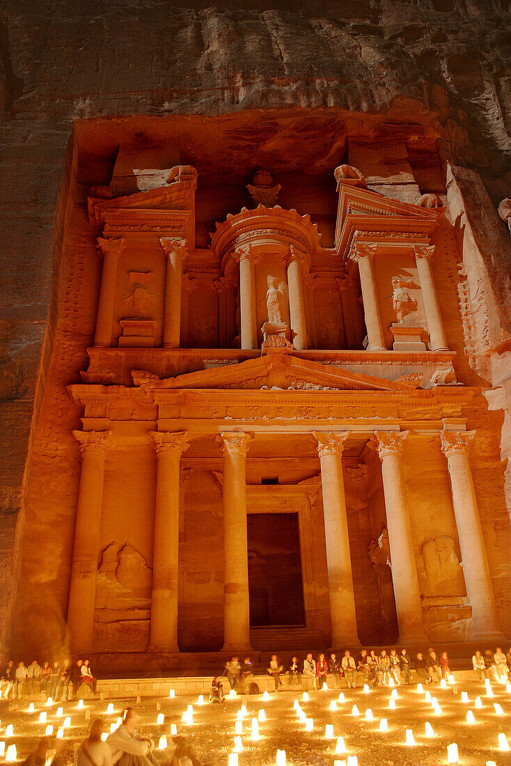 Façade of the Khasneh (Treasury) at night. Petra. Jordan