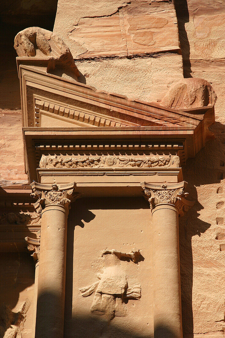 Façade detail of the Khasneh (Treasury) at Petra. Jordan