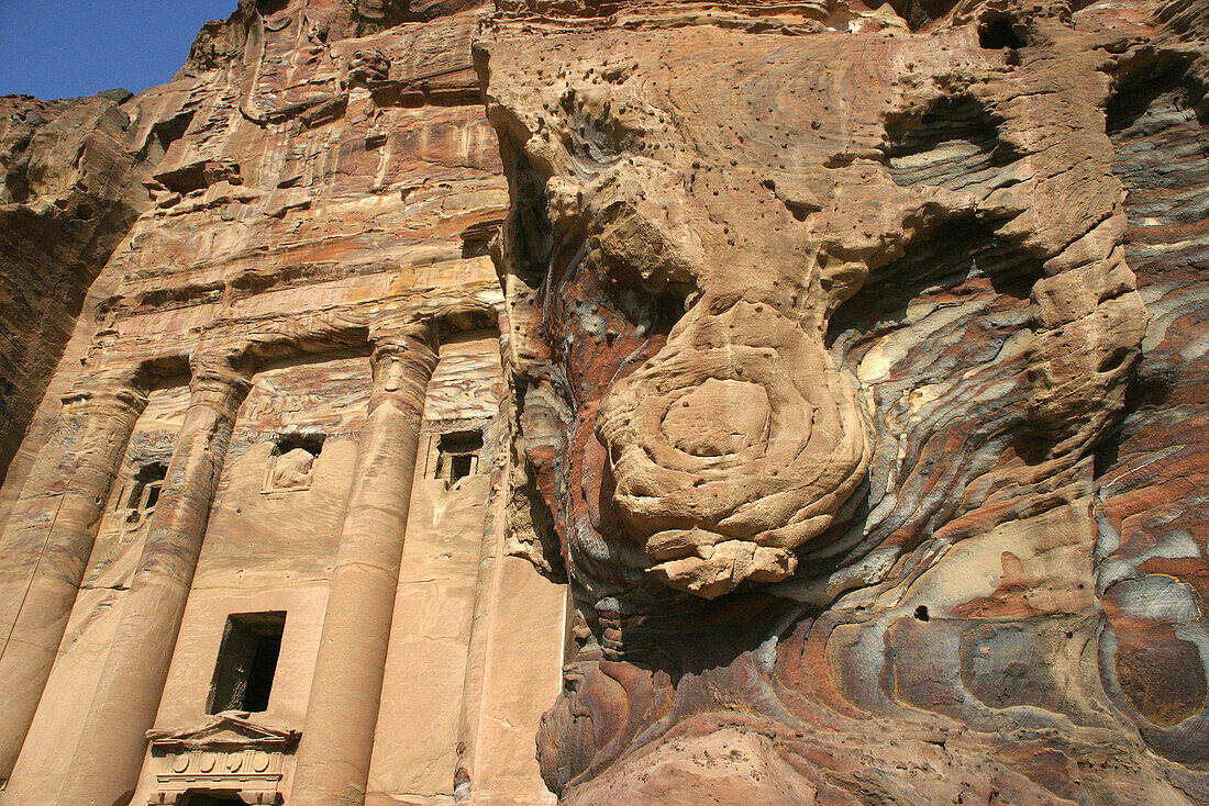 Urn Tomb, Nabataean royal stone tombs carved into the rock, Petra. Jordan