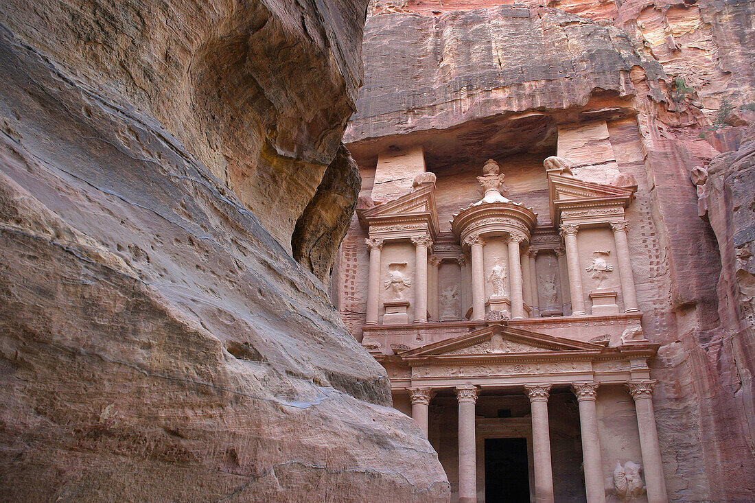 Façade of the Khasneh (Treasury) from Siq at Petra. Jordan