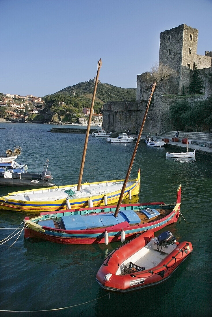 Traditional boats and Royal Castle. Collioure. Languedoc-Roussillon. France