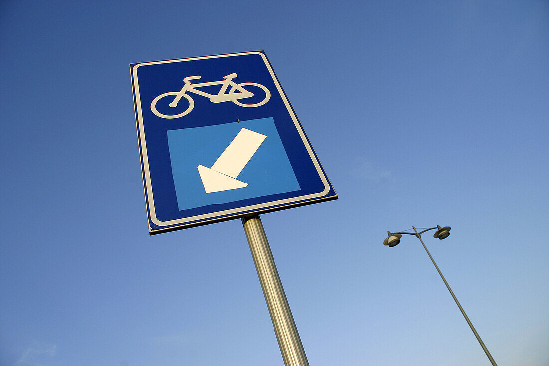 Bicycle lane sign and light. Cambrils. Tarragona. Spain