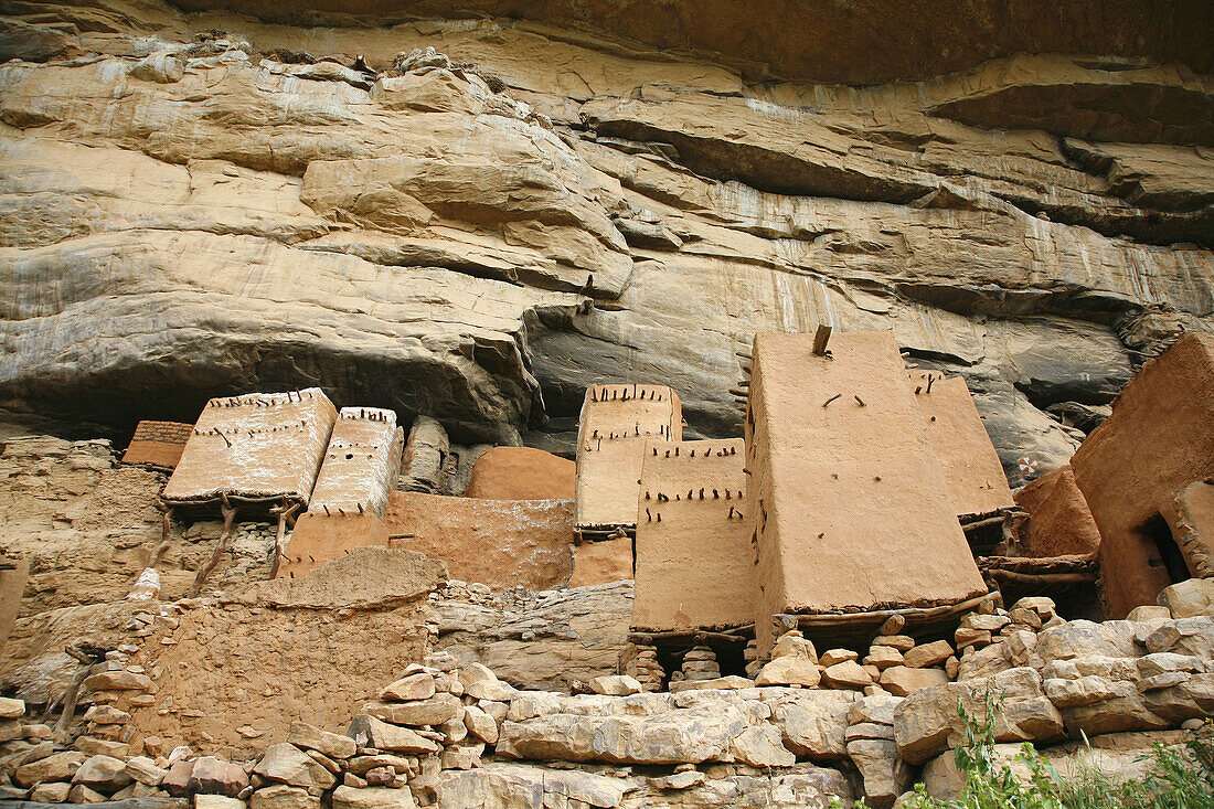 Old Tellem dwellings built into the face of the Bandiagara Escarpment. Dogon Country, Mali