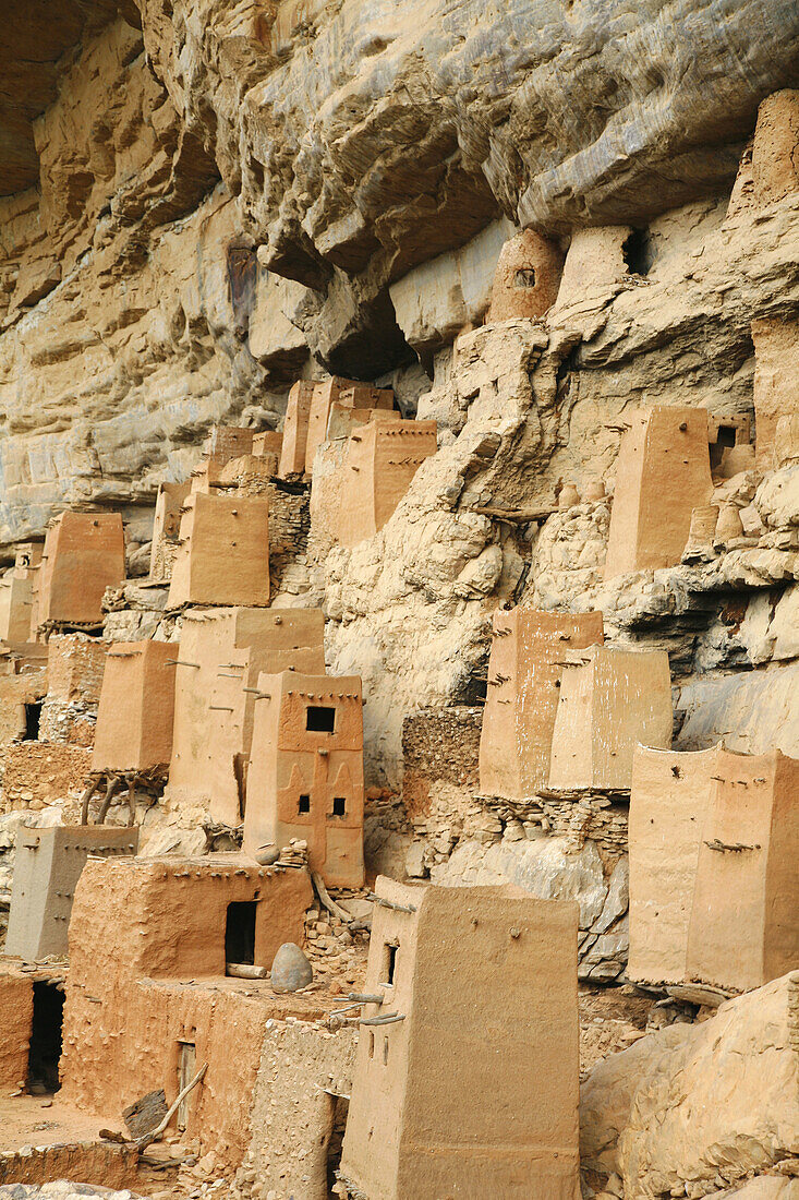 Old Tellem dwellings built into the face of the Bandiagara Escarpment. Dogon Country, Mali