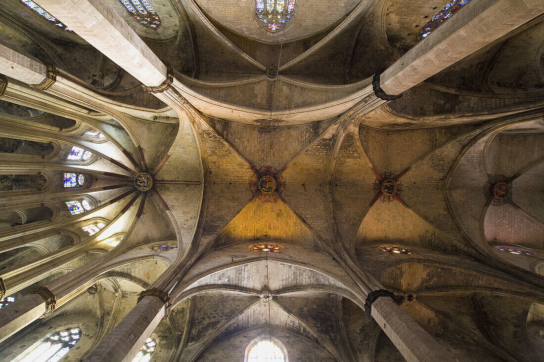 Detail of Gothic vaults, Santa Maria del Mar church, Barcelona. Catalonia, Spain