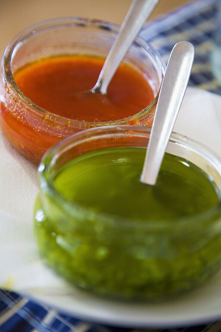 Red mojo picón and green mojo verde, typical sauces. Lanzarote, Canary Islands, Spain