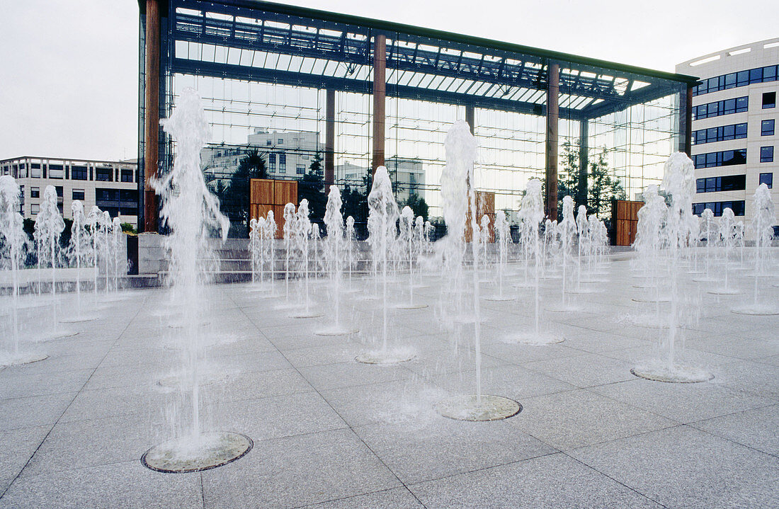 Fountains and greenhouse. Parc André Citroën. Paris. France