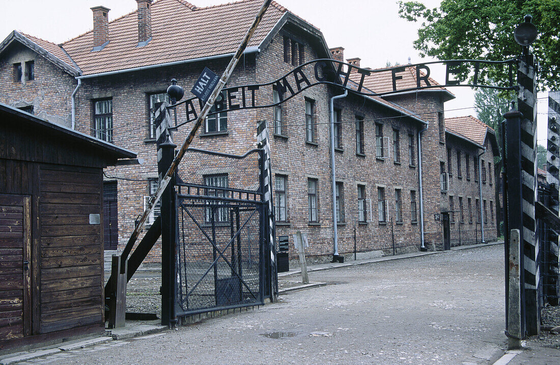 Work makes you free sign at entrance of World War II Auschwitz concentration and extermination camp. Oswiecim. Poland
