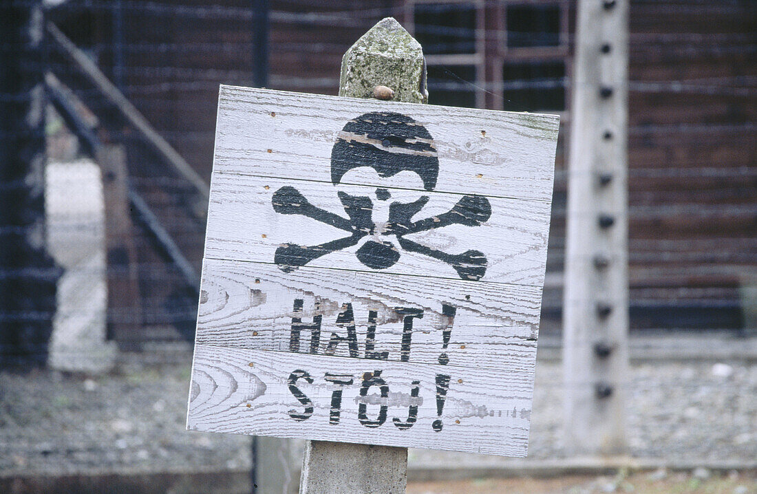 Warning sign at concentration camp. Auschwitz. Poland
