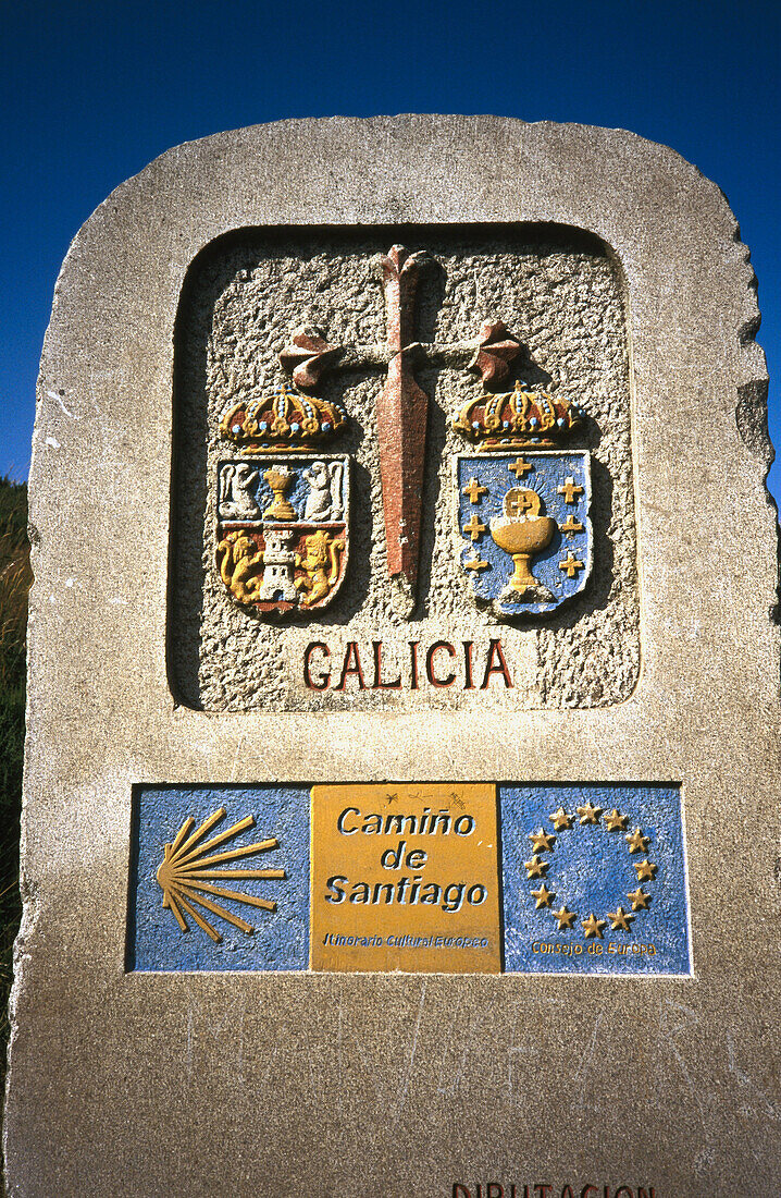 Milestone in Lugo province. Road to Santiago. Galicia, Spain