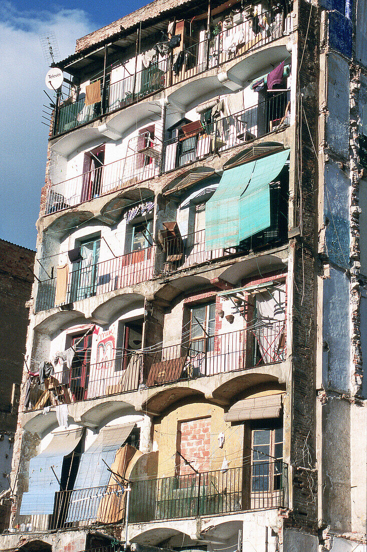 Building in ruins in Rambla del Raval. Barcelona. Catalonia. Spain