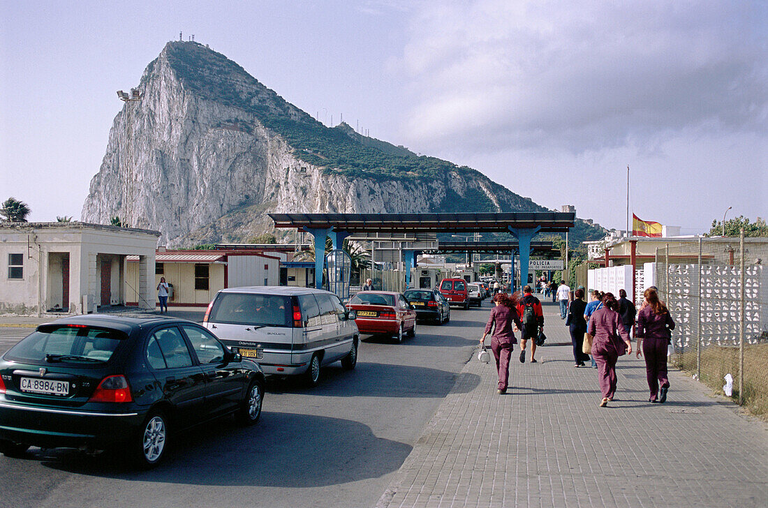 Spanish workers crossing the border to Gibraltar. Gibraltar. UK