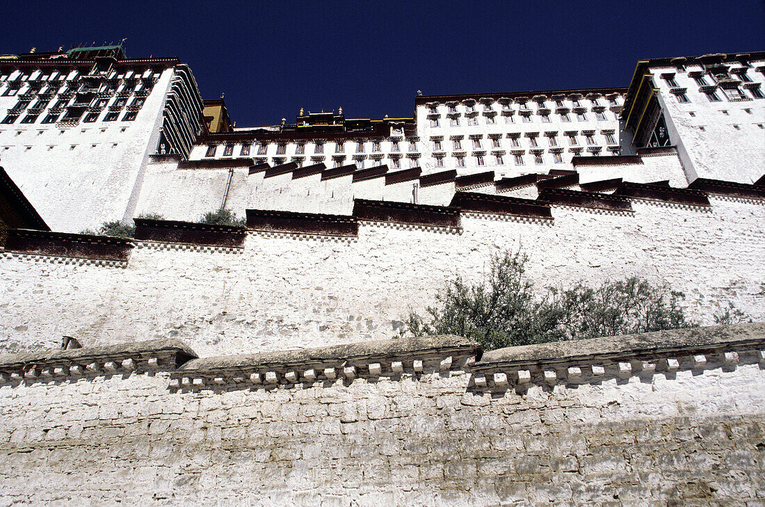 Zigzagging stairs to the top of the Potala Palace front view in Lhasa, Tiber, China