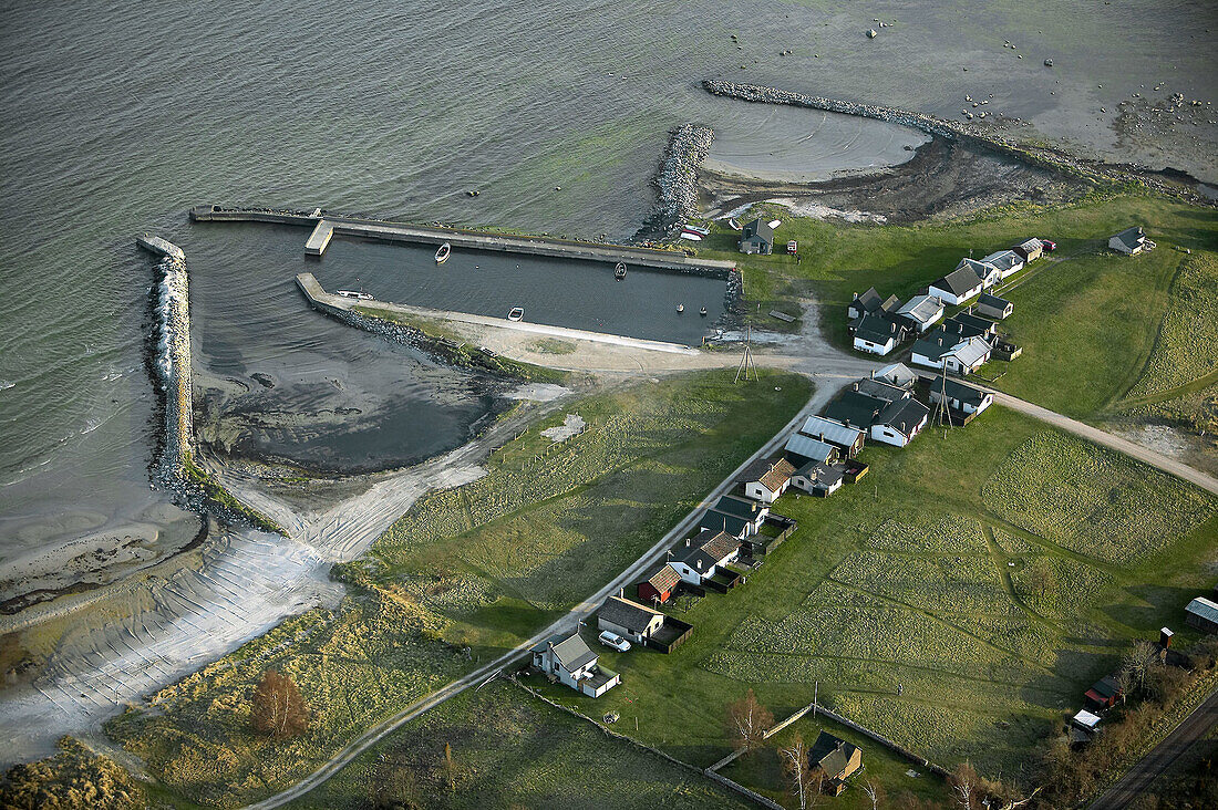 Small fishing harbour, sea, aerial view. Herte. Gotland. Sweden