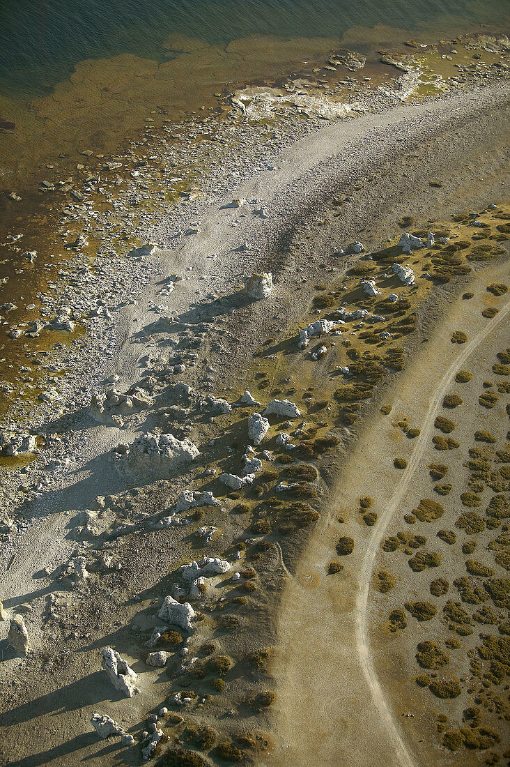 Stone seashore, gravel way, aerial view. Fårö. Gotland. Sweden.