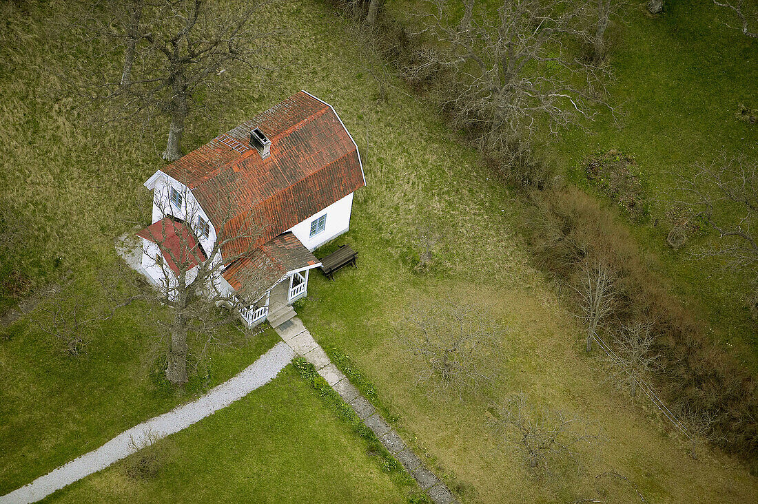 House, spring time, aerial view. Gotland. Sweden.