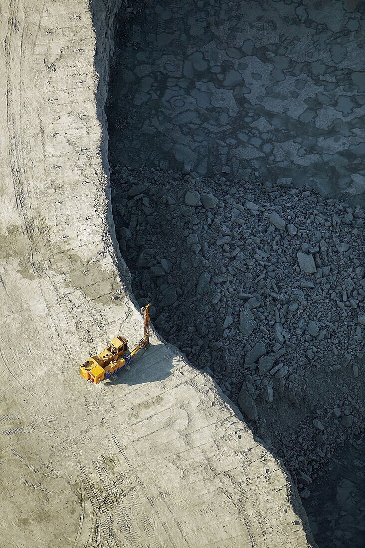 Limestone mining, tractor, aerial view. Gotland. Sweden.