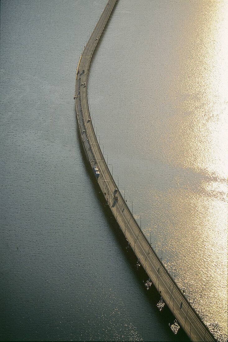 Bridge over the sea, road, car way, aerial view. Öland, Sweden